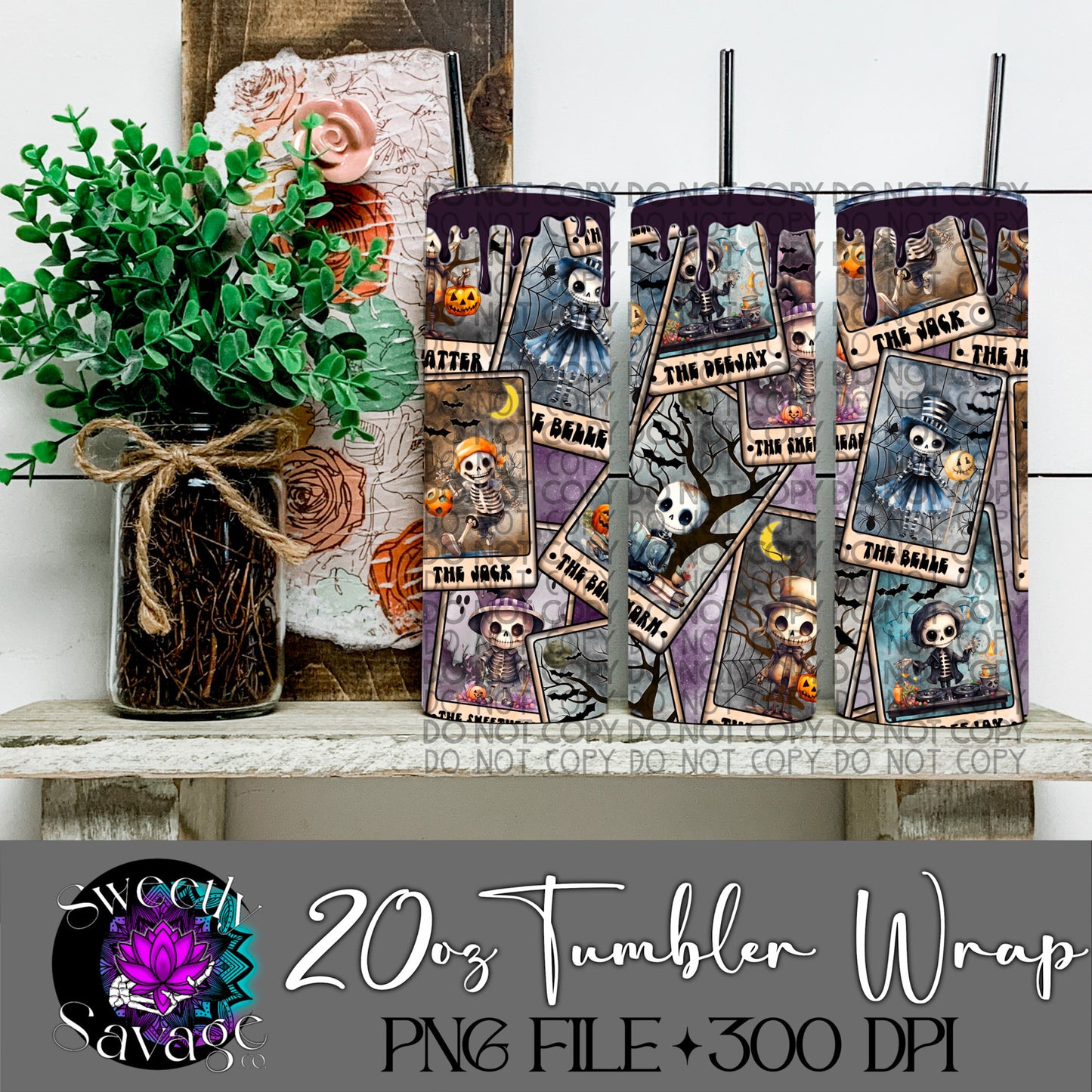 Cute and spooky skellie Tarot Card 20oz Skinny Tumbler File