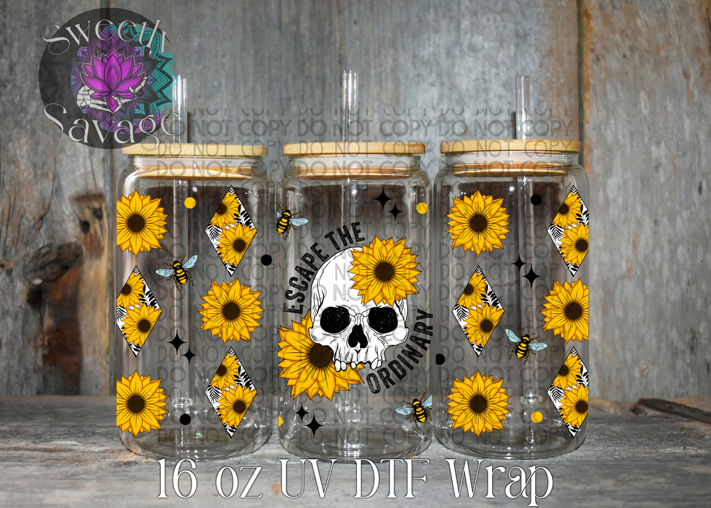Escape the Ordinary sunflower skull 16oz tumbler wrap