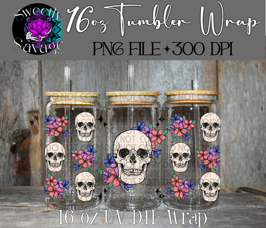 Floral skull 16oz tumbler wrap